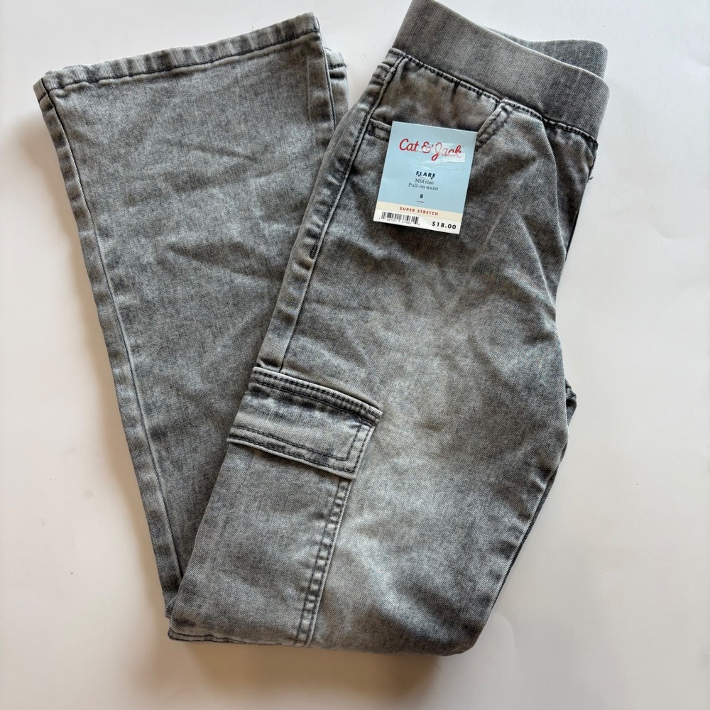 Cat & Jack Girls 8‎ Faded Black Wash Flare Jeans NWOT Cargo Pockets Pull on